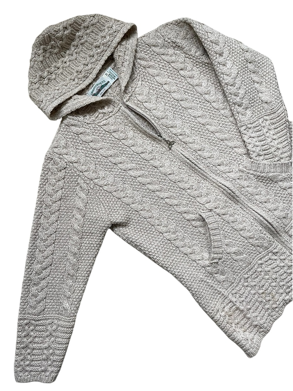 Aran Crafts Irish Merino Wool Hooded Cardigan Zipper Pull Cable Knit Celtic - Picture 6 of 12